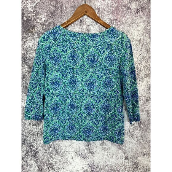 Talbots Petites Bateau Neck Tee Blue Green Pattern Coastal Casual Top Blouse PS - Picture 10 of 10